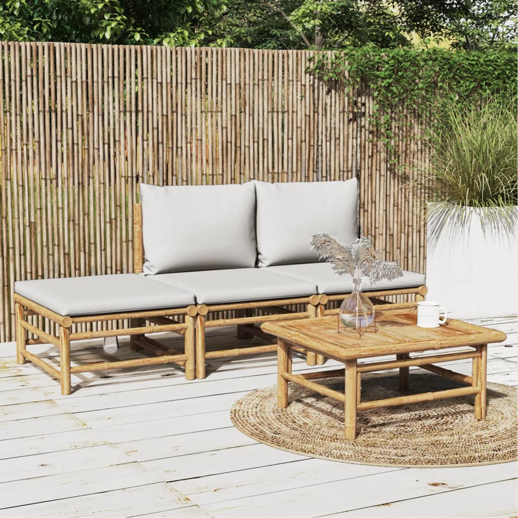 4-tlg. Garten-Lounge-Set mit Hellgrauen Kissen Bambus