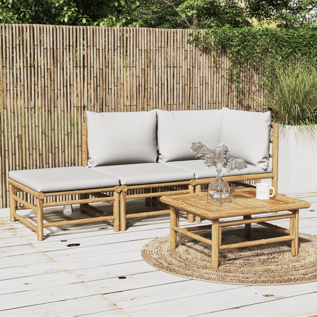 3-tlg. Garten-Lounge-Set mit Hellgrauen Kissen Bambus