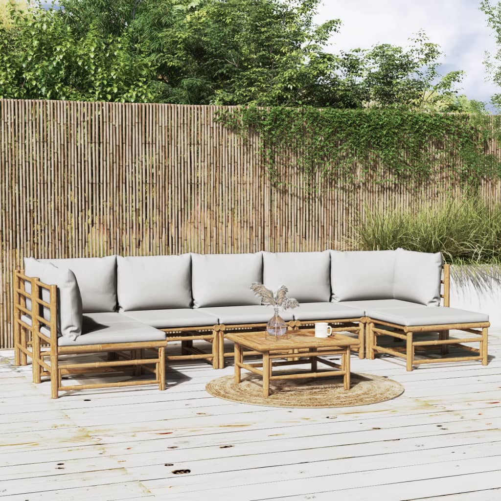8-tlg. Garten-Lounge-Set mit Kissen Hellgrau Bambus