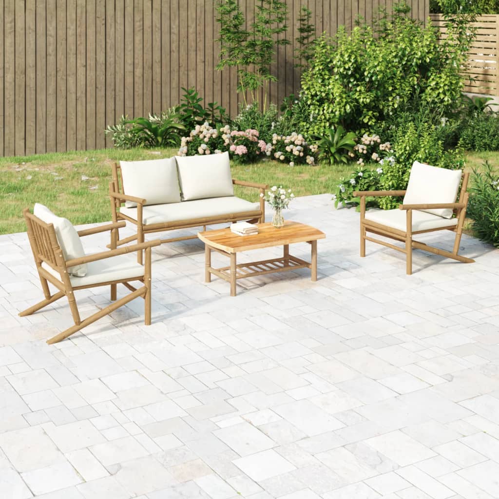 4-tlg. Garten-Lounge-Set mit Cremeweißen Kissen Bambus