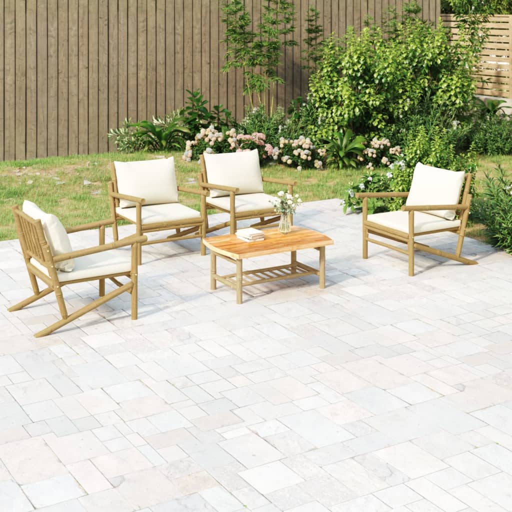 5-tlg. Garten-Lounge-Set mit Cremeweißen Kissen Bambus
