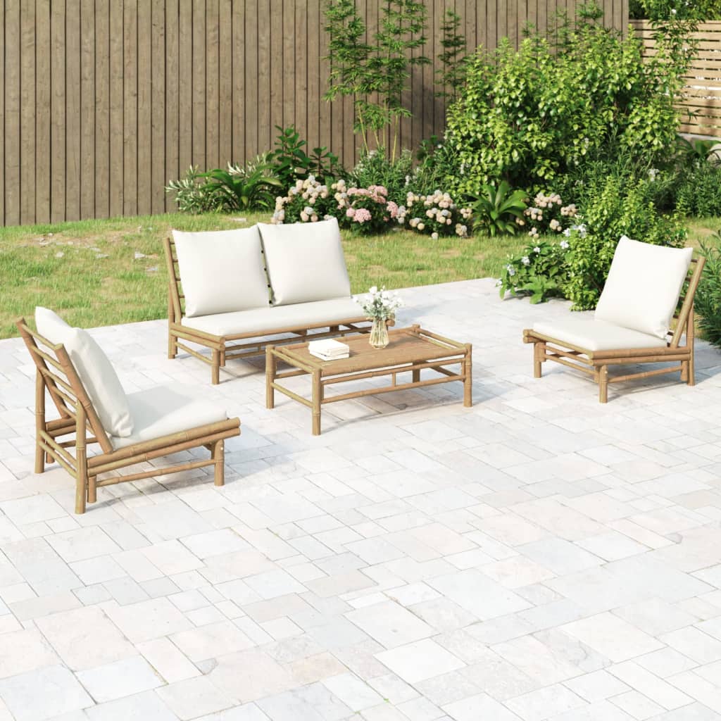 4-tlg. Garten-Lounge-Set mit Cremeweißen Kissen Bambus