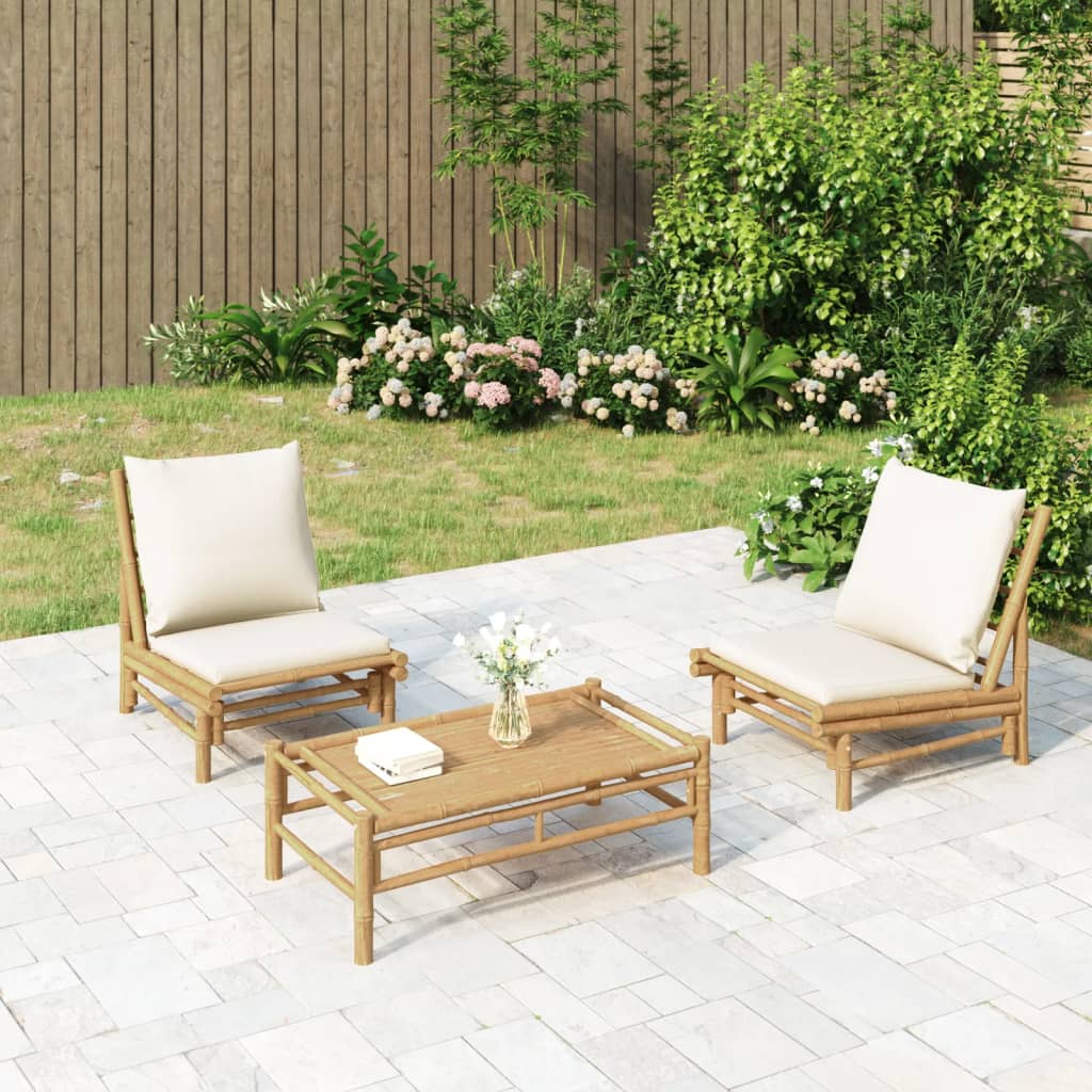 3-tlg. Garten-Lounge-Set mit Kissen Creme Bambus