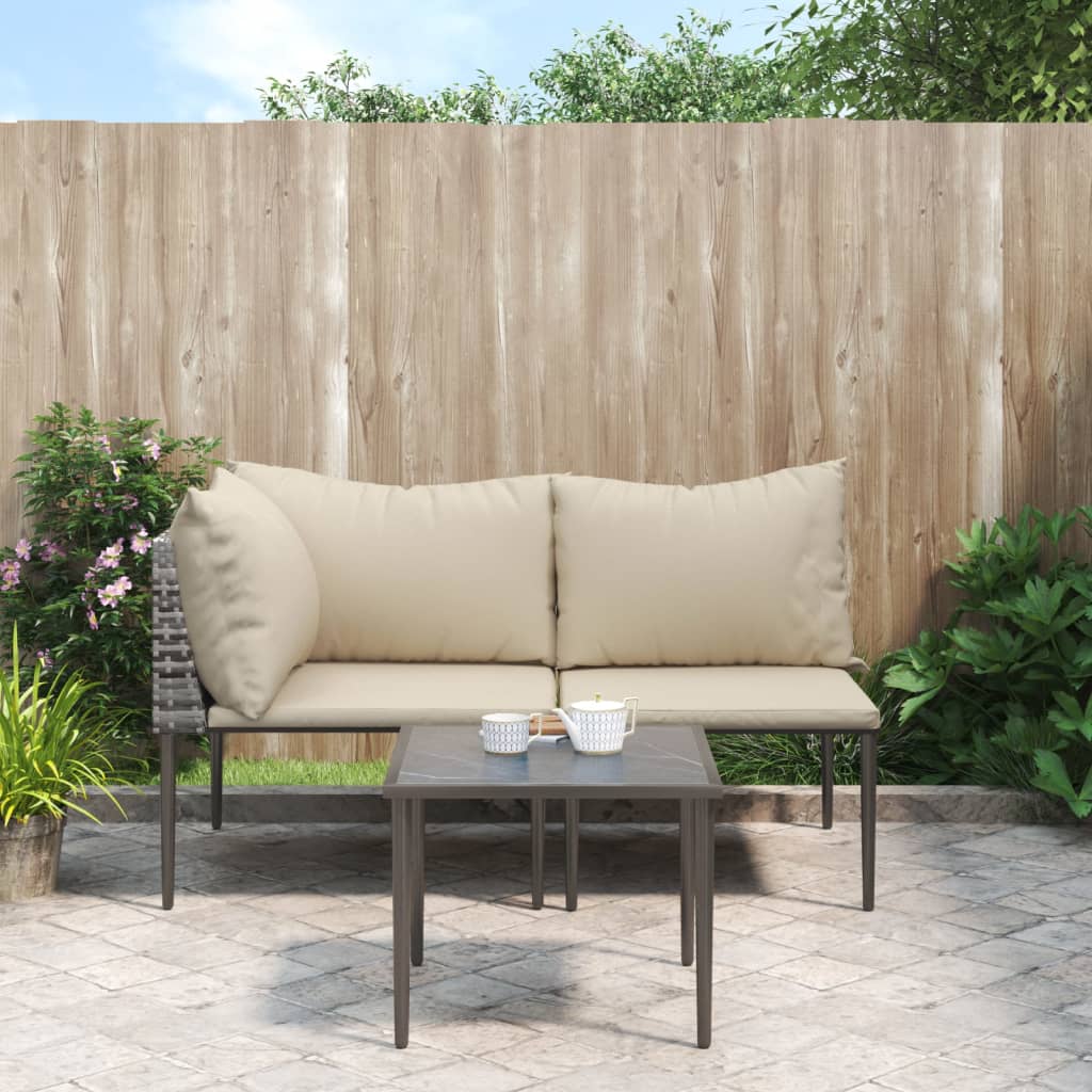 3-tlg. Garten-Lounge-Set mit Kissen Grau Poly Rattan