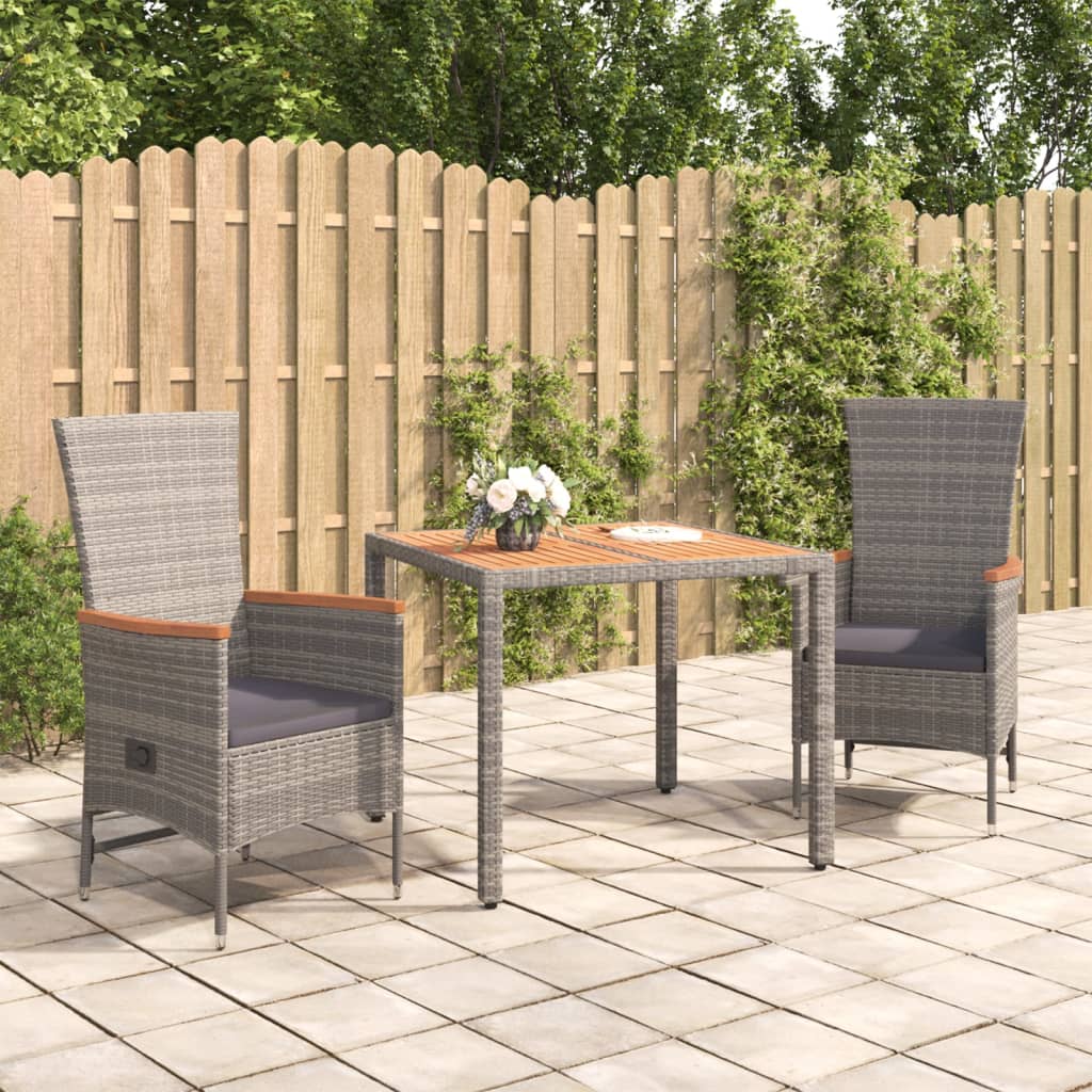 3-tlg. Garten-Essgruppe mit Kissen Grau Poly Rattan