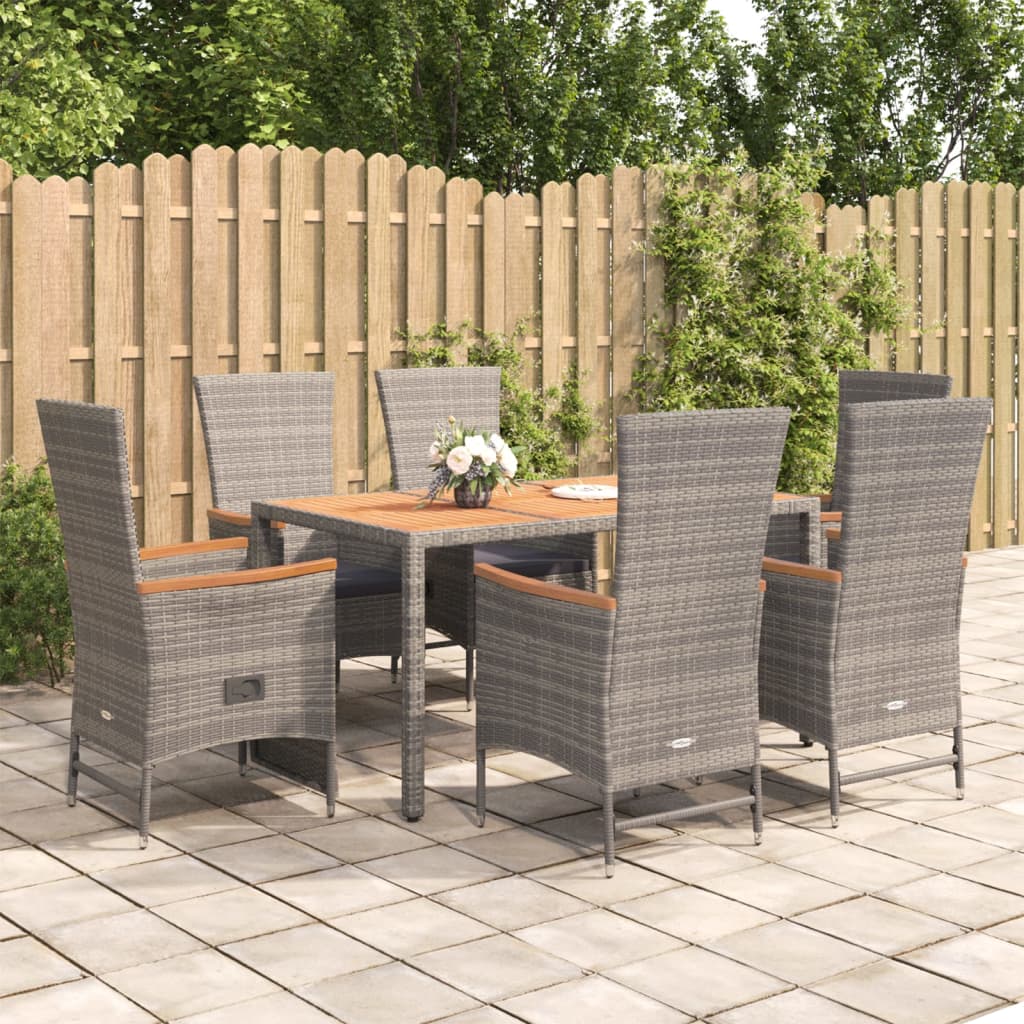 7-tlg. Garten-Essgruppe mit Kissen Grau Poly Rattan