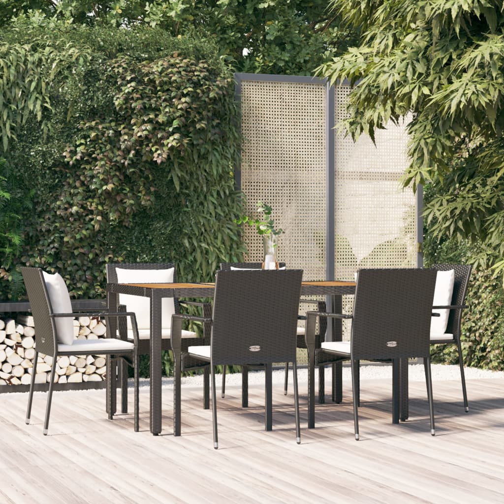 7-tlg. Garten-Essgruppe mit Kissen Schwarz Poly Rattan