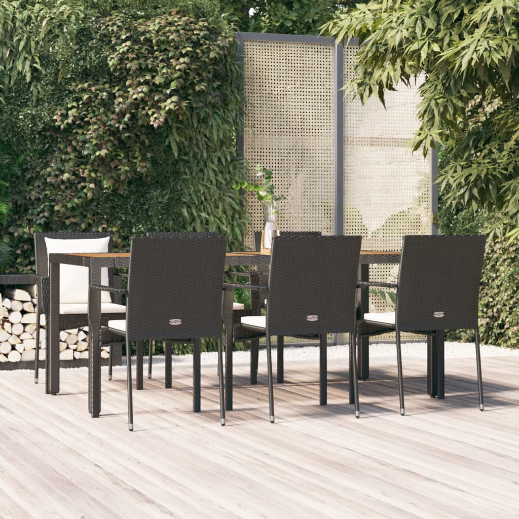 7-tlg. Garten-Essgruppe mit Kissen Schwarz Poly Rattan