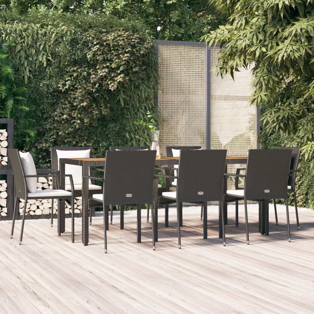 9-tlg. Garten-Essgruppe mit Kissen Schwarz Poly Rattan