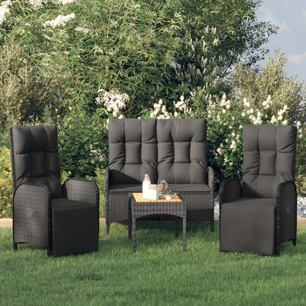 4-tlg. Garten-Essgruppe mit Kissen Schwarz Poly Rattan