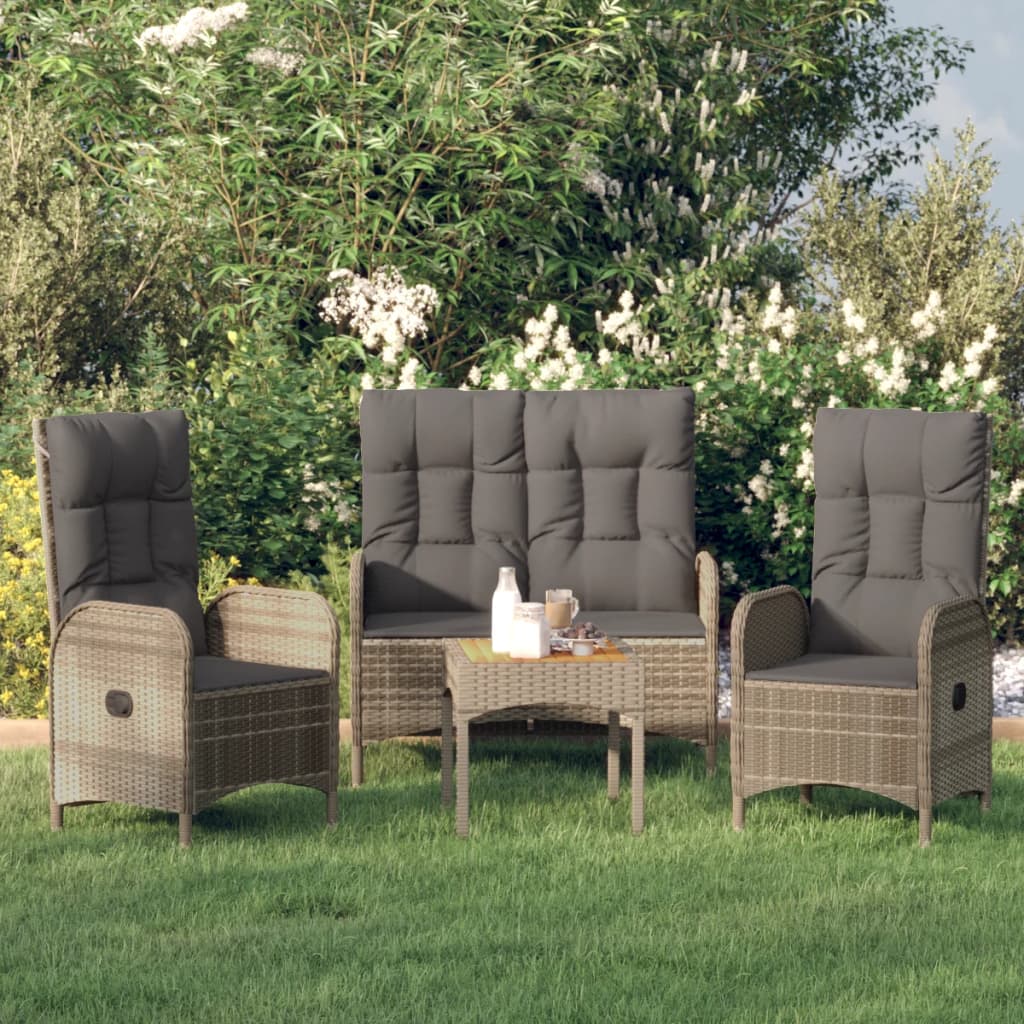 3-tlg. Garten-Essgruppe mit Kissen Grau Poly Rattan