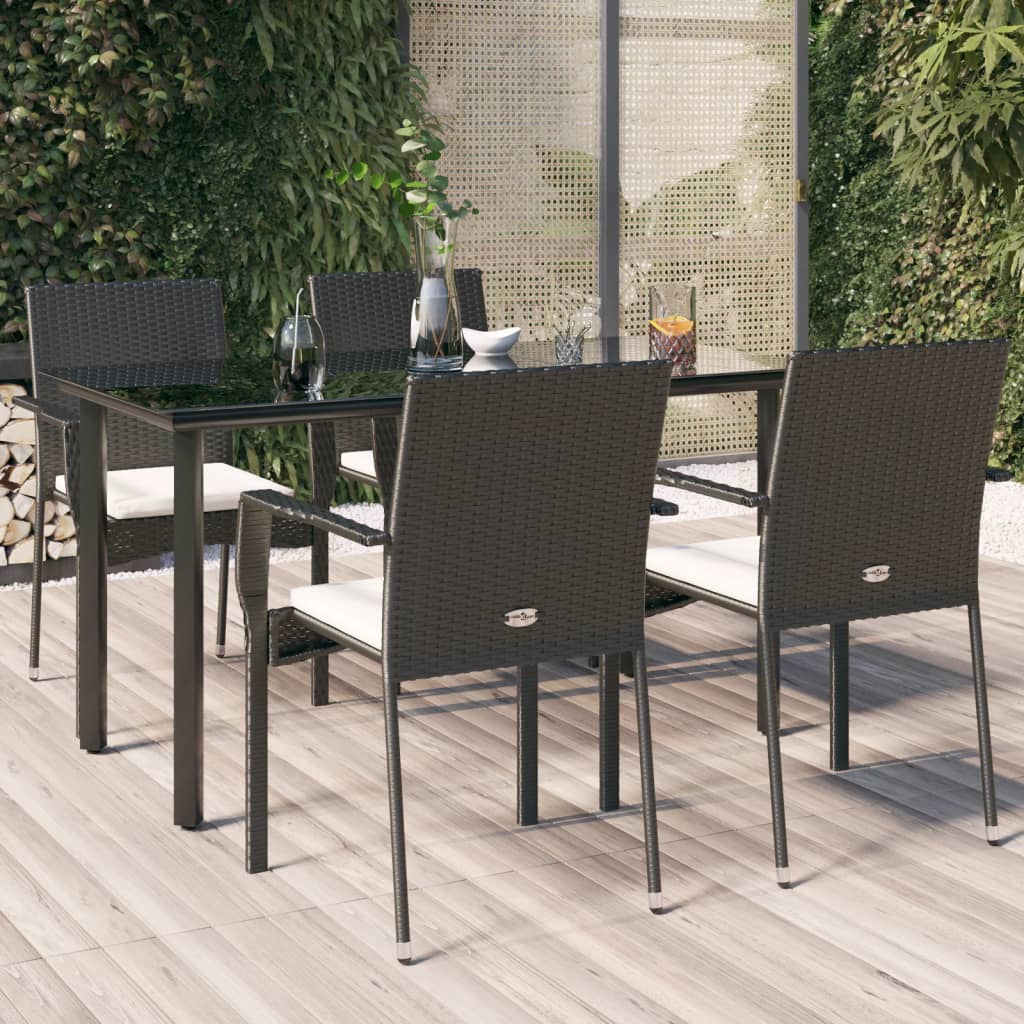 5-tlg. Garten-Essgruppe mit Kissen Schwarz Poly Rattan