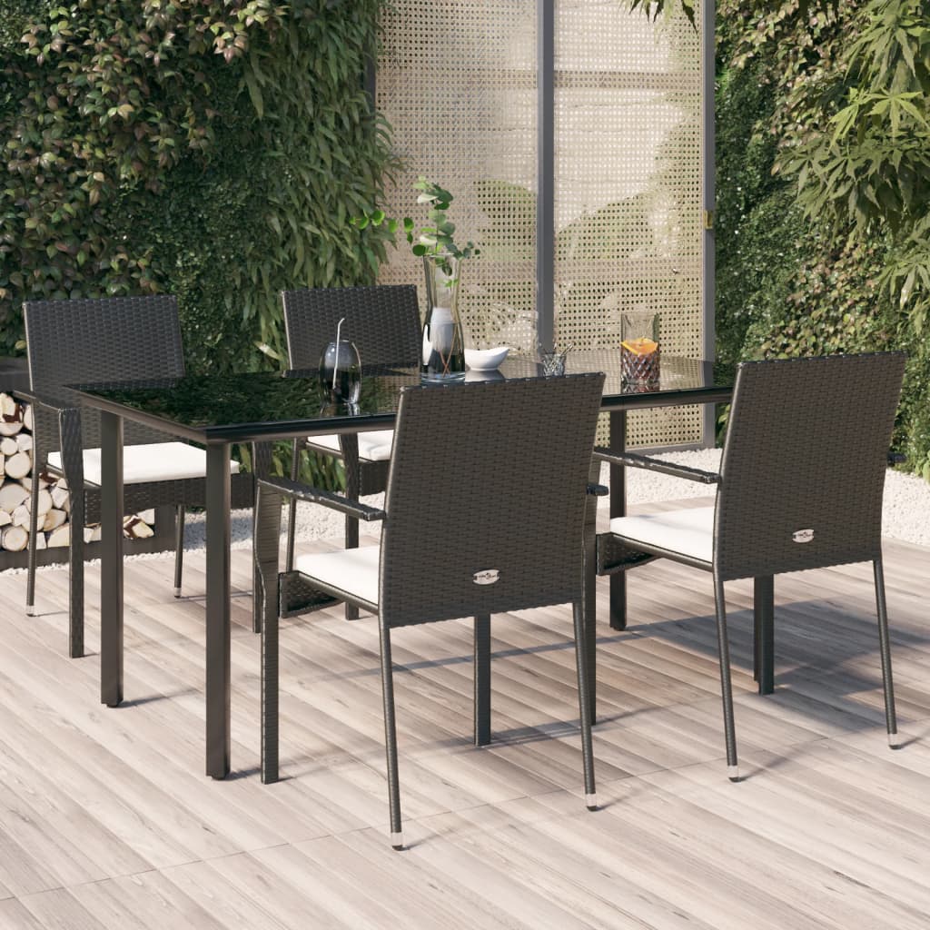 5-tlg. Garten-Essgruppe mit Kissen Schwarz Poly Rattan