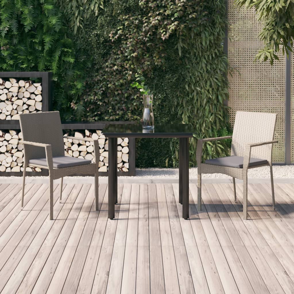 3-tlg. Garten-Essgruppe mit Kissen Schwarz und Grau Poly Rattan