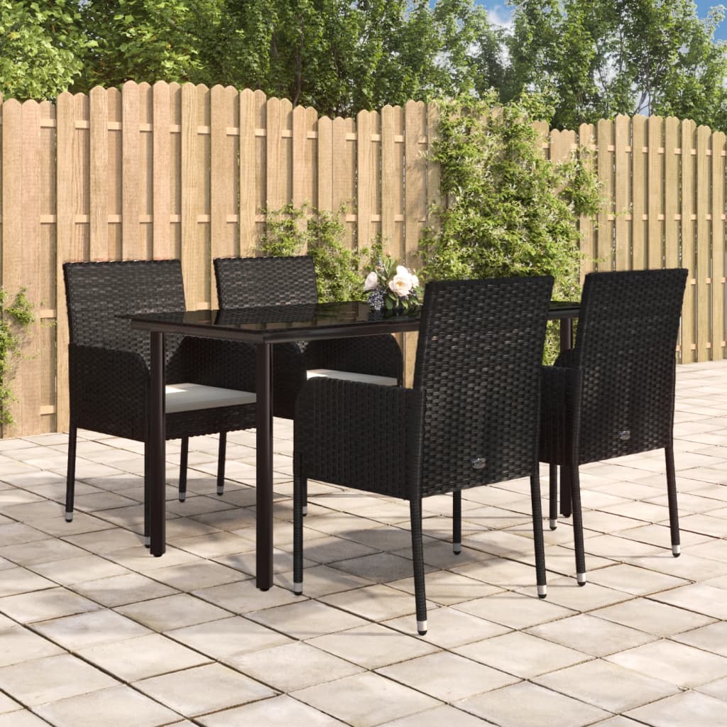 5-tlg. Garten-Essgruppe mit Kissen Schwarz Poly Rattan