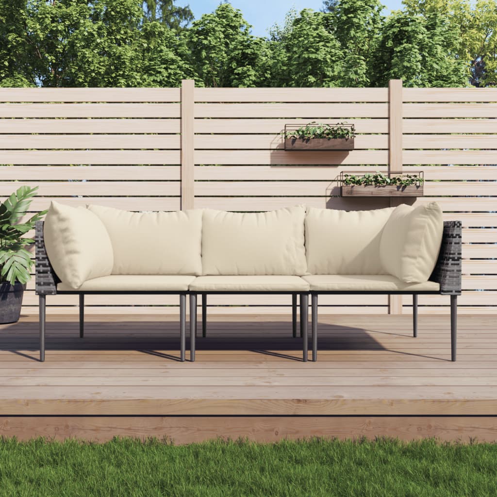 3-tlg. Garten-Lounge-Set mit Kissen Grau Poly Rattan