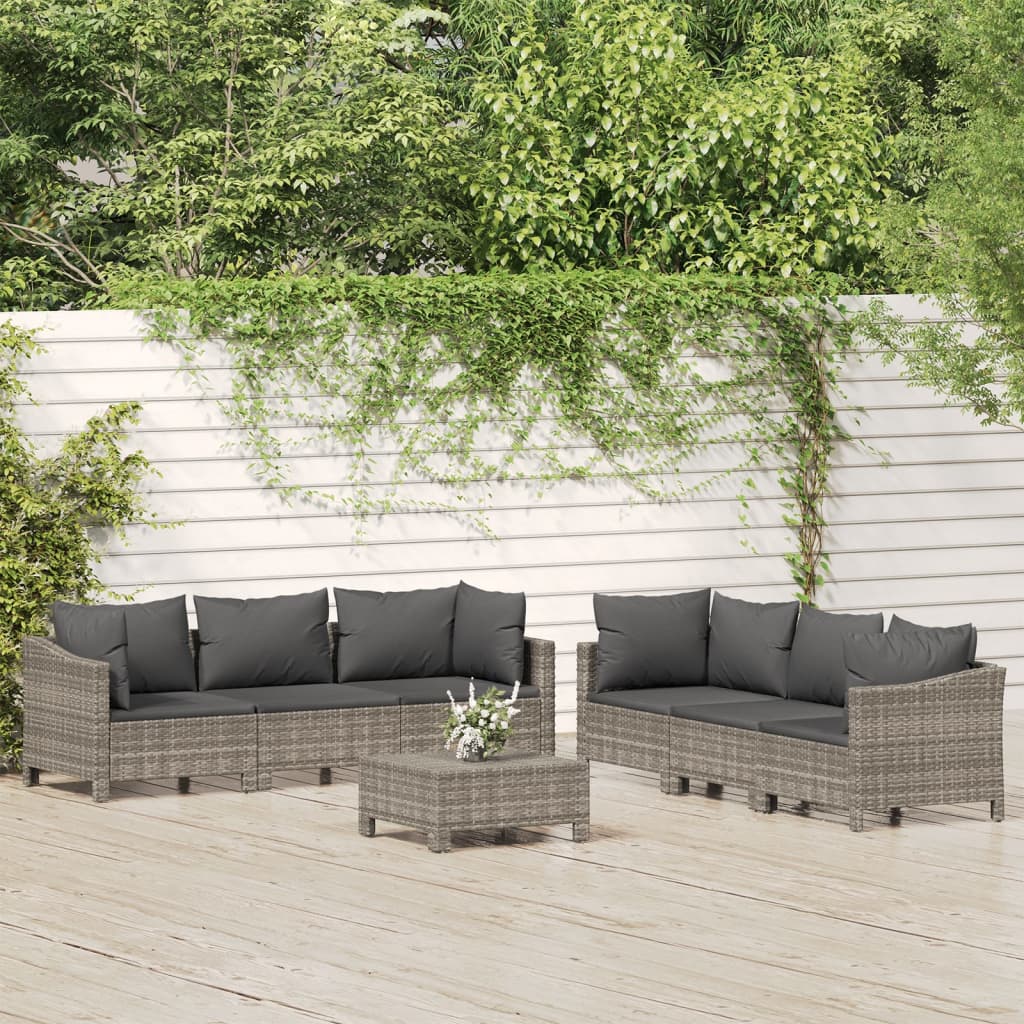 7-tlg. Garten-Lounge-Set mit Kissen Grau Poly Rattan