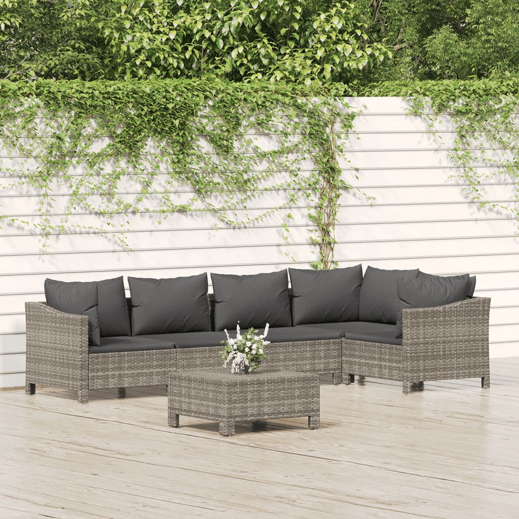 6-tlg. Garten-Lounge-Set mit Kissen Grau Poly Rattan