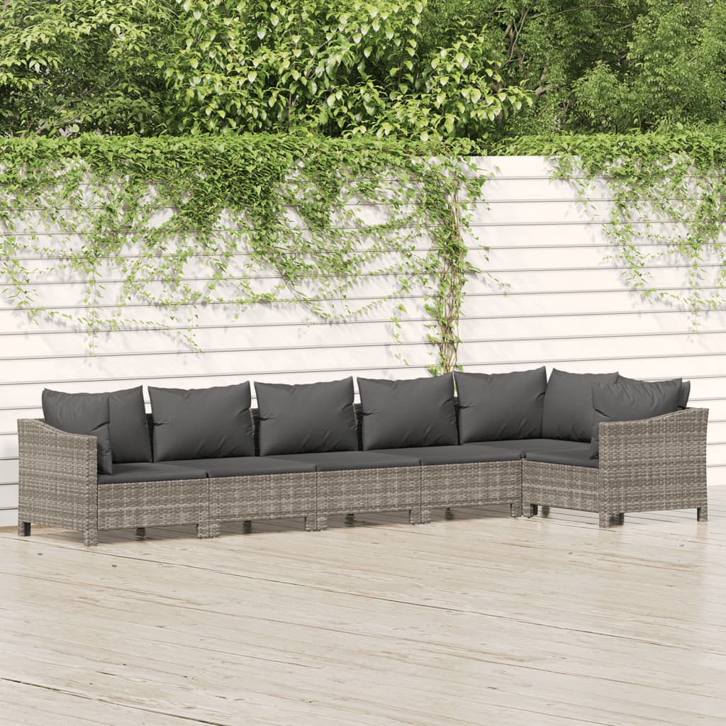 6-tlg. Garten-Lounge-Set mit Kissen Grau Poly Rattan