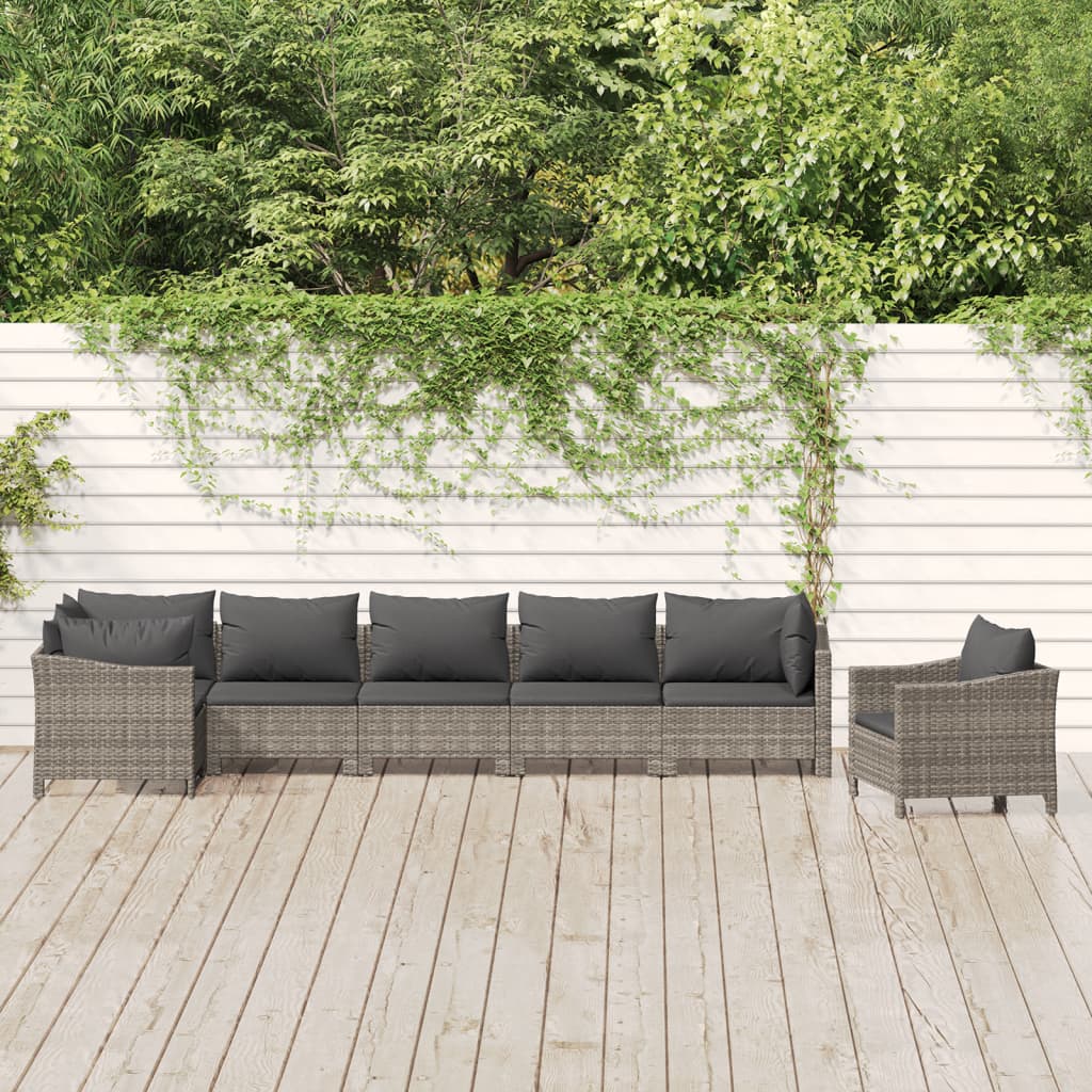 7-tlg. Garten-Lounge-Set mit Kissen Grau Poly Rattan