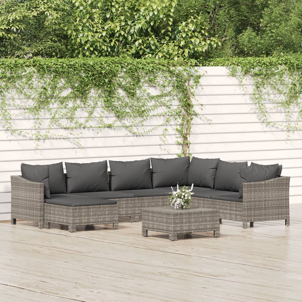 8-tlg. Garten-Lounge-Set mit Kissen Grau Poly Rattan