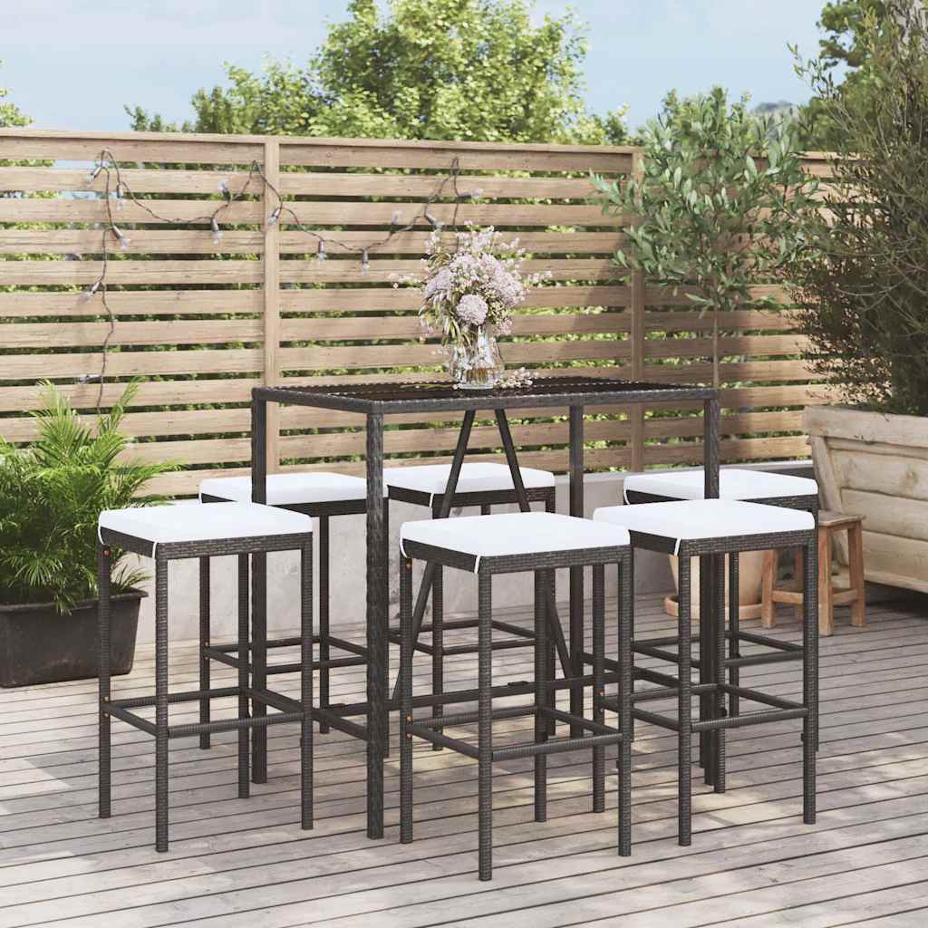 7-tlg. Gartenbar-Set mit Kissen Schwarz Poly Rattan