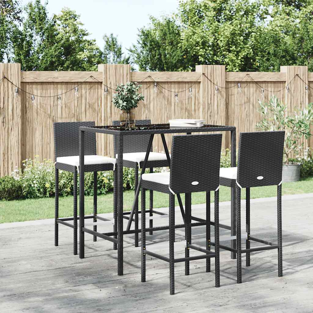 5-tlg. Gartenbar-Set mit Kissen Schwarz Poly Rattan