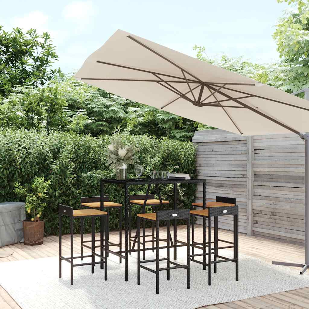 7-tlg. Gartenbar-Set Schwarz Poly Rattan & Massivholz Akazie