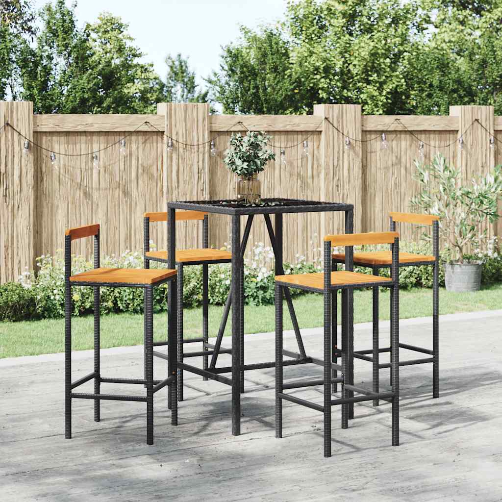 5-tlg. Gartenbar-Set Schwarz Poly Rattan & Massivholz Akazie
