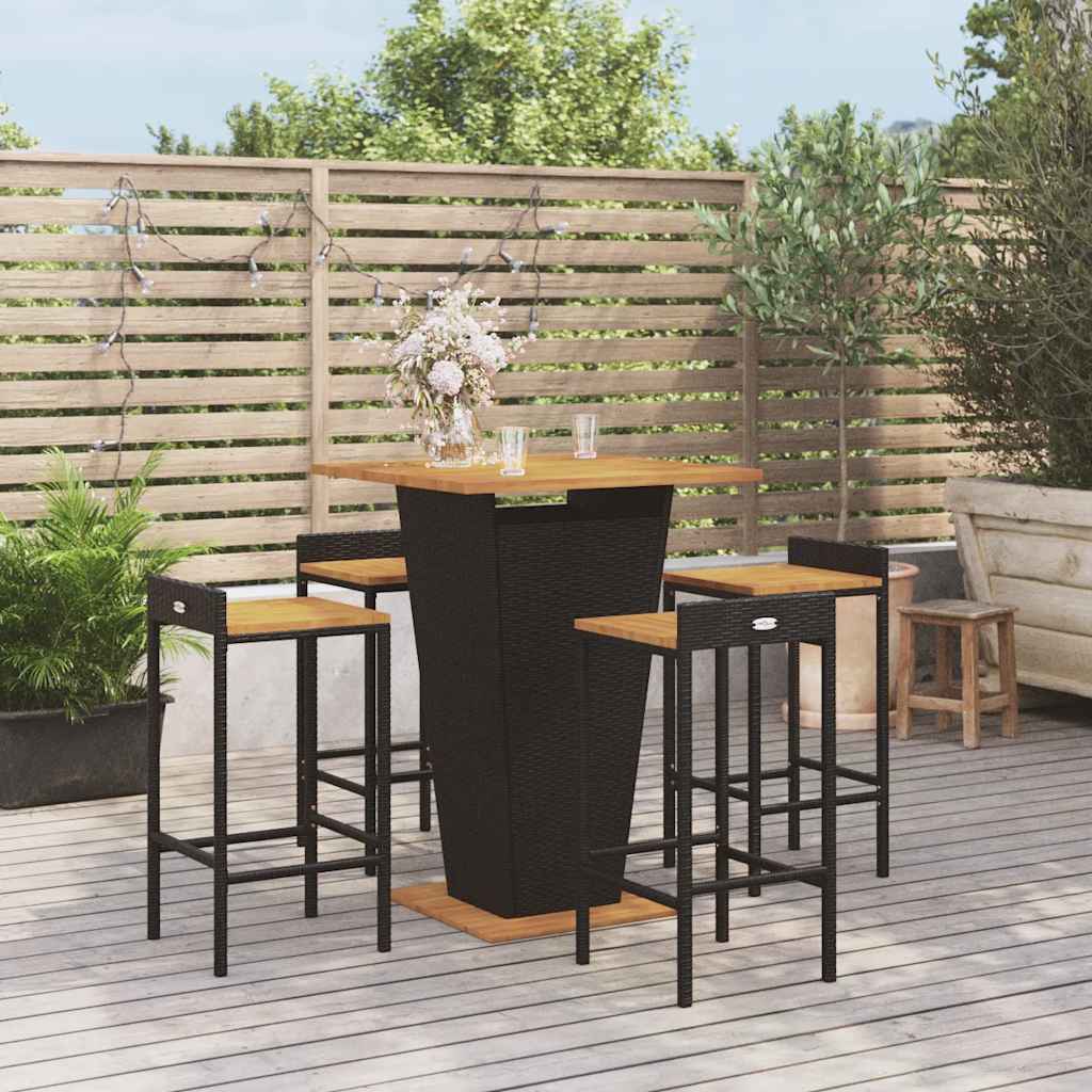 5-tlg. Gartenbar-Set Schwarz Poly Rattan & Massivholz Akazie