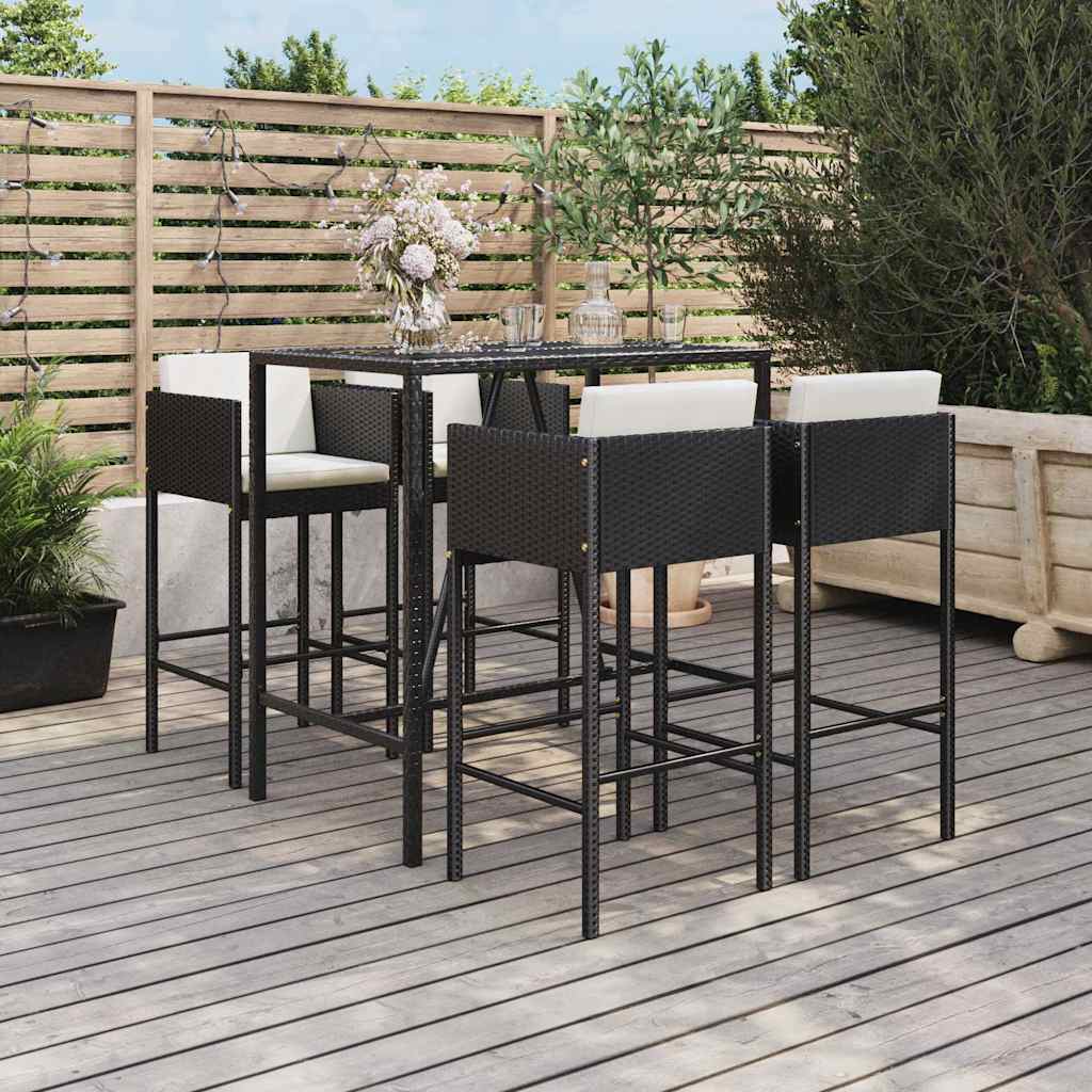 5-tlg. Gartenbar-Set mit Kissen Schwarz Poly Rattan