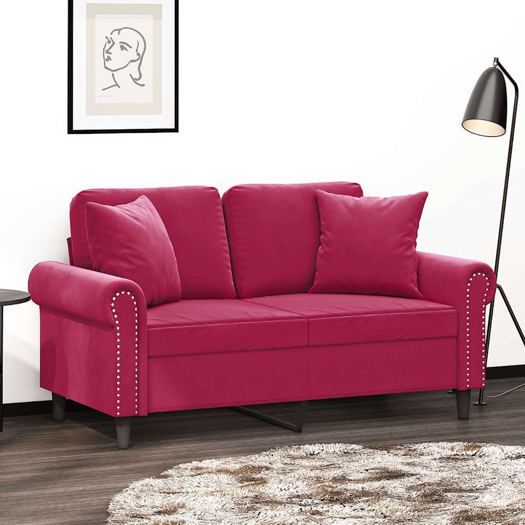 2-Sitzer-Sofa mit Zierkissen Weinrot 120 cm Samt