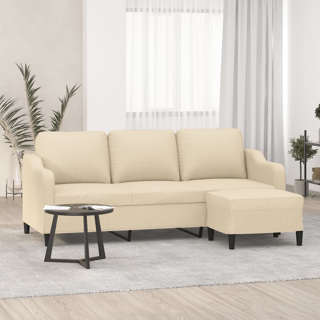 3-Sitzer-Sofa mit Hocker Creme 180 cm Stoff
