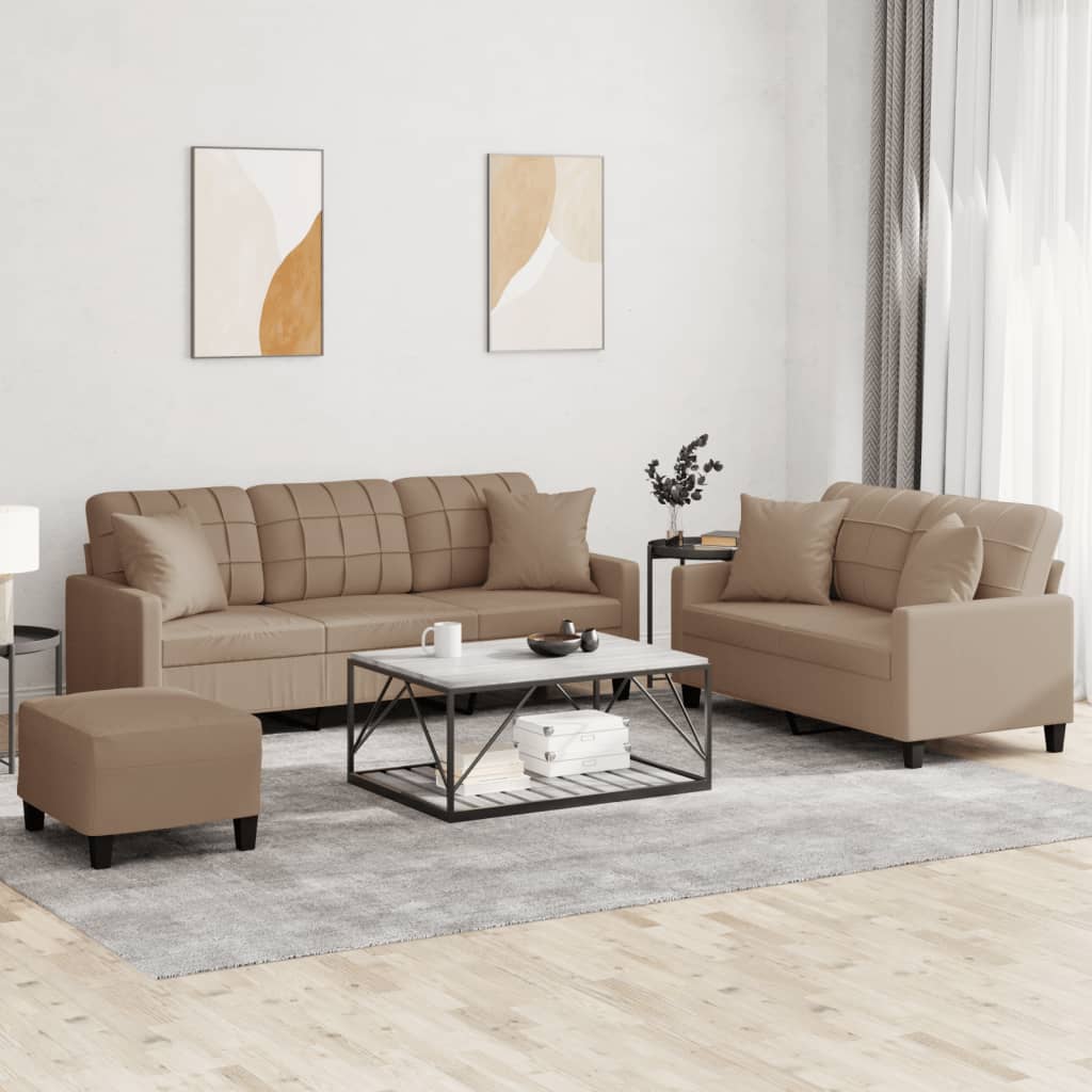 3-tlg. Sofagarnitur mit Kissen Cappuccino-Braun Kunstleder