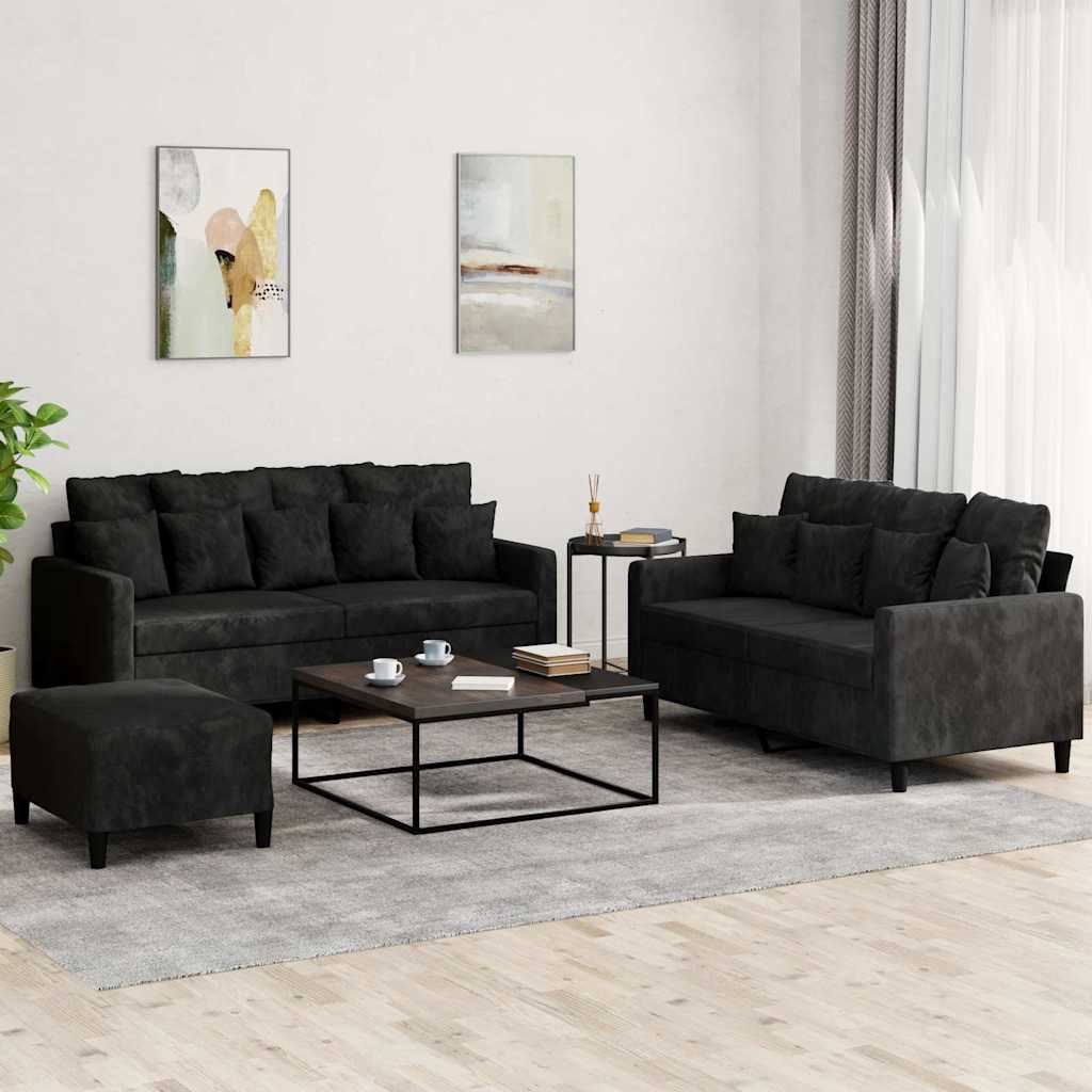 3-tlg. Sofagarnitur mit Kissen Schwarz Samt