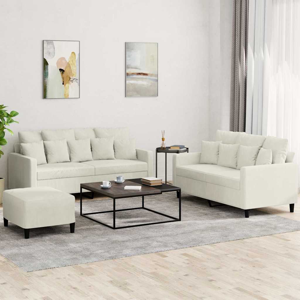 3-tlg. Sofagarnitur mit Kissen Creme Samt