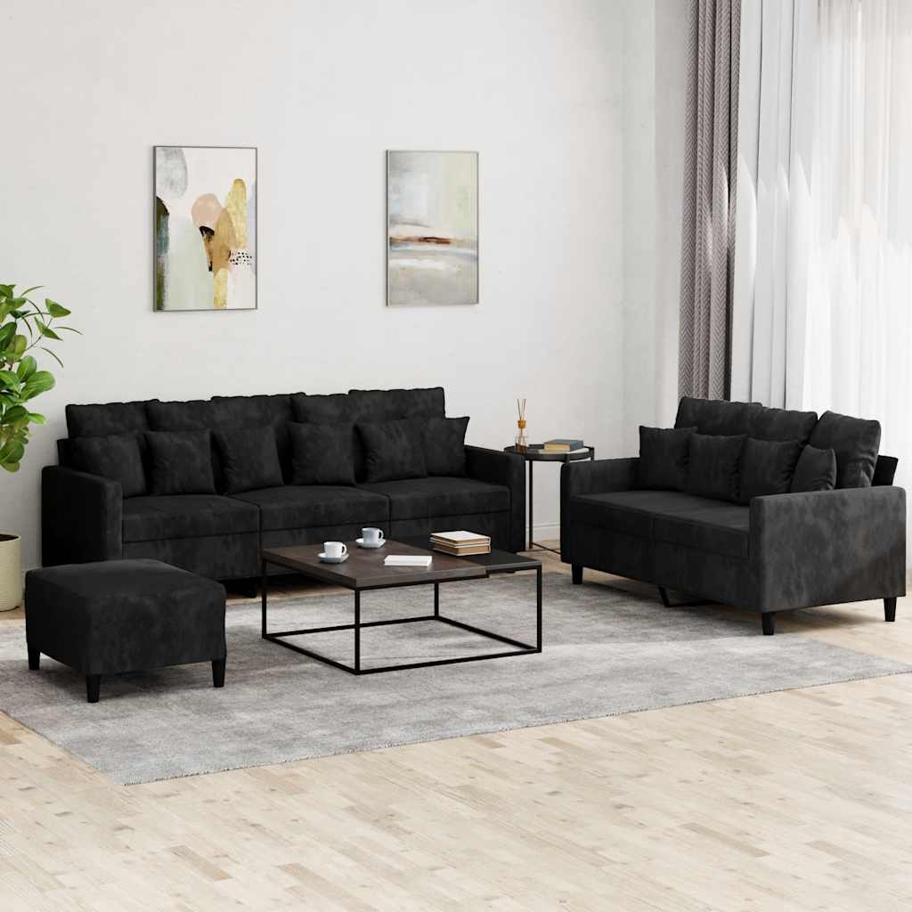 3-tlg. Sofagarnitur mit Kissen Schwarz Samt