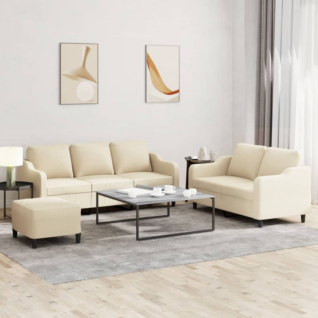 3-tlg. Sofagarnitur mit Kissen Creme Stoff