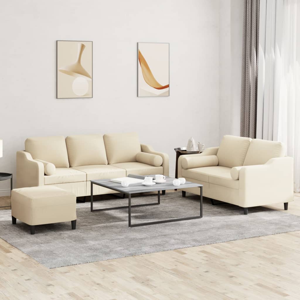 3-tlg. Sofagarnitur mit Kissen Creme Stoff