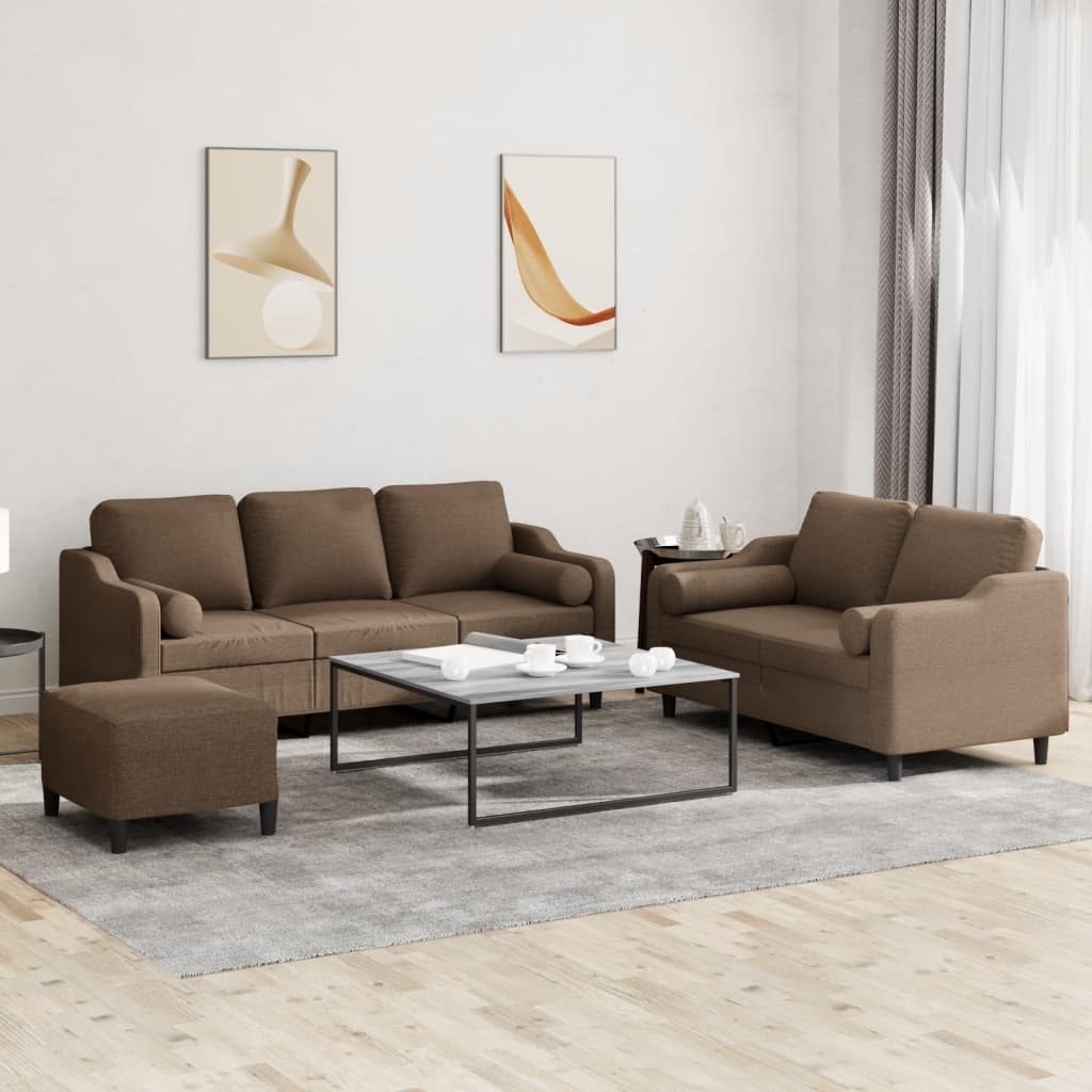 3-tlg. Sofagarnitur mit Kissen Braun Stoff