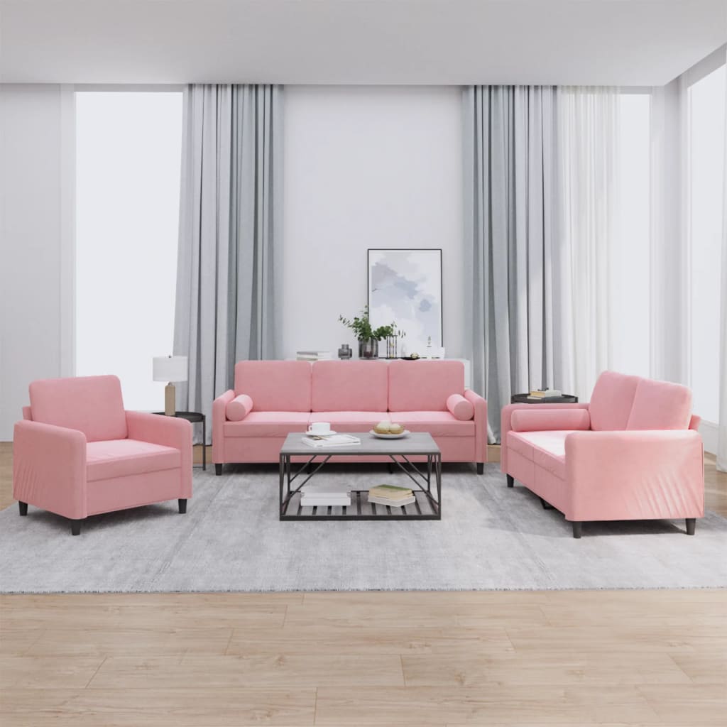 3-tlg. Sofagarnitur mit Kissen Rosa Samt