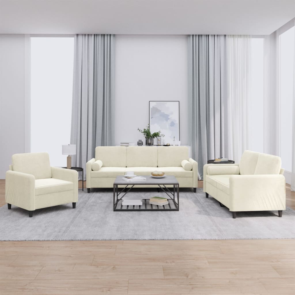 3-tlg. Sofagarnitur mit Kissen Creme Samt