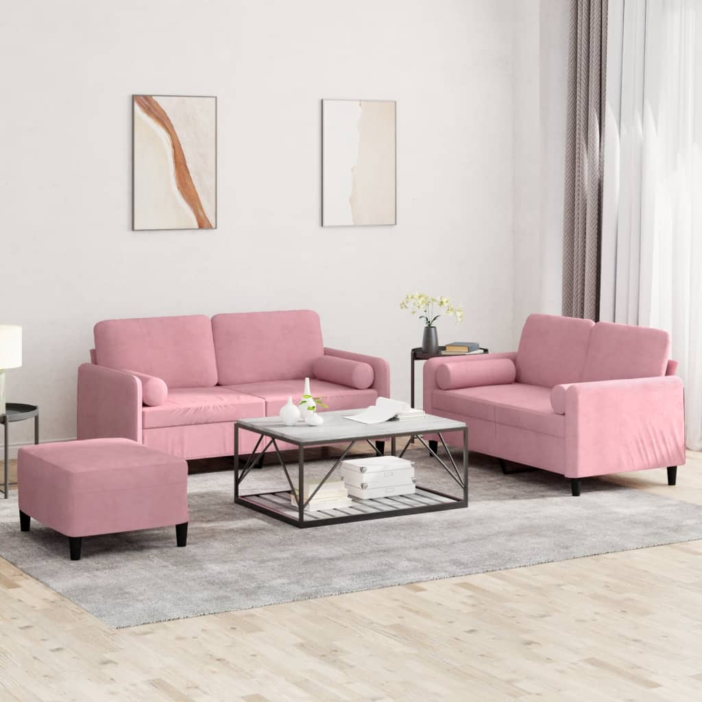 3-tlg. Sofagarnitur mit Kissen Rosa Samt