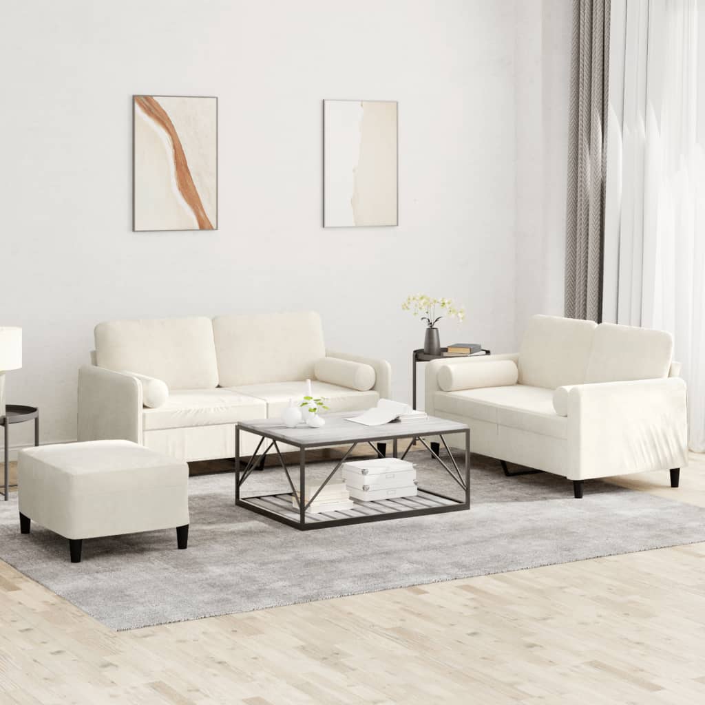 3-tlg. Sofagarnitur mit Kissen Creme Samt