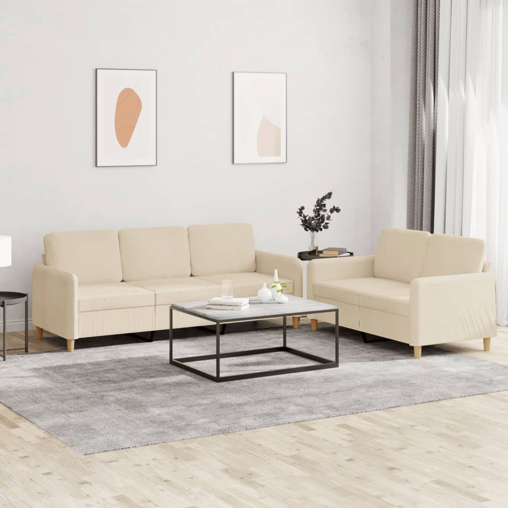 2-tlg. Sofagarnitur mit Kissen Creme Stoff