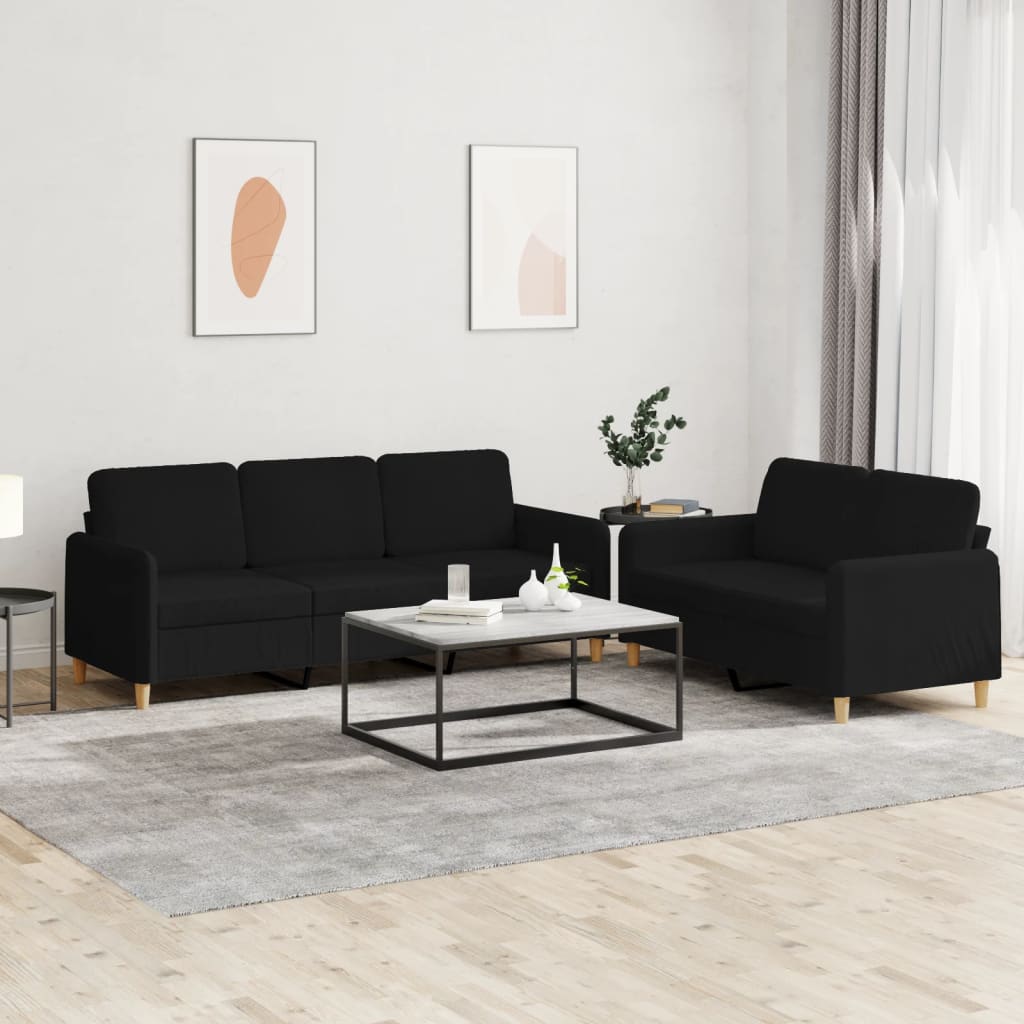 2-tlg. Sofagarnitur mit Kissen Schwarz Stoff