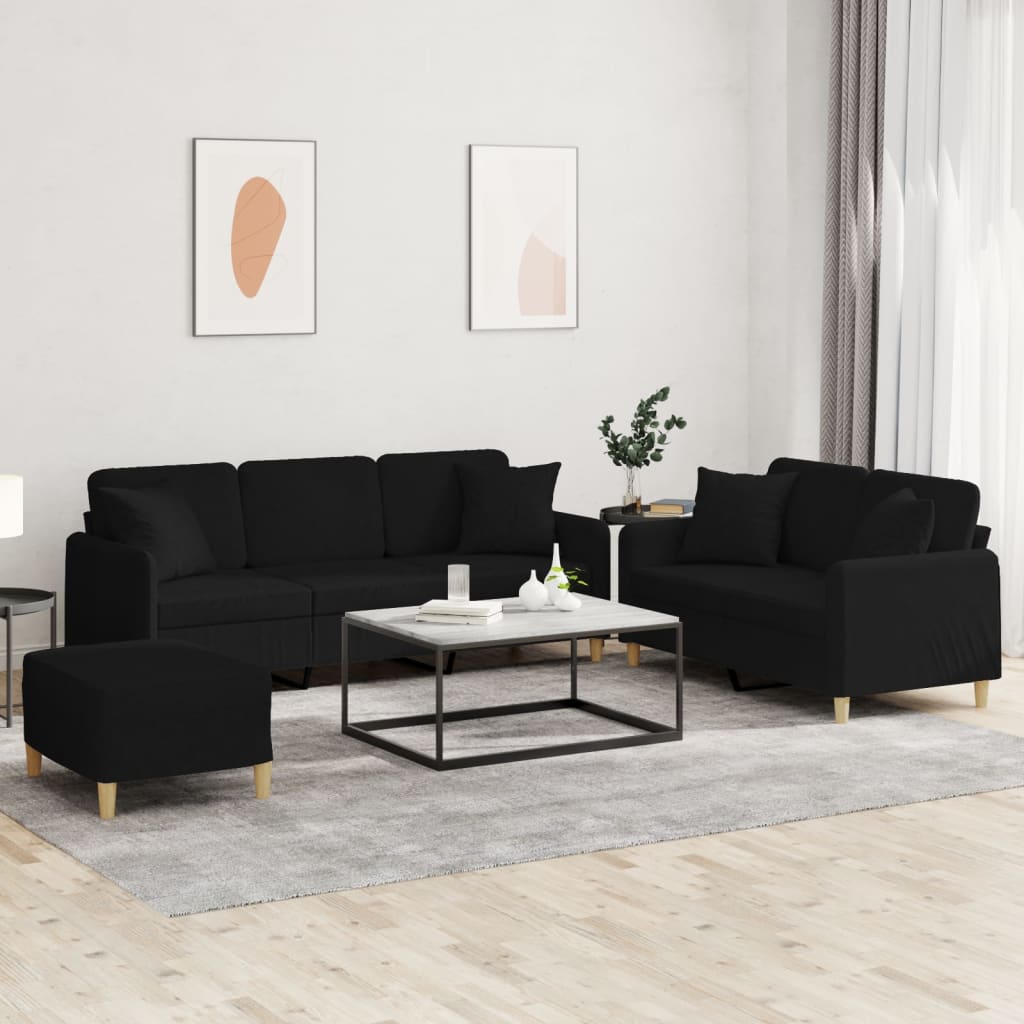 3-tlg. Sofagarnitur mit Kissen Schwarz Stoff