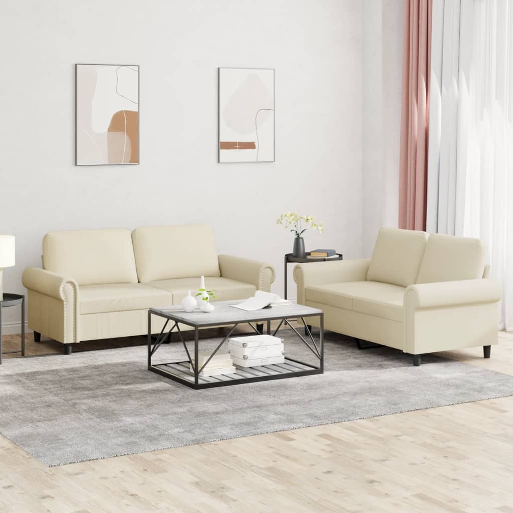 2-tlg. Sofagarnitur mit Kissen Creme Kunstleder