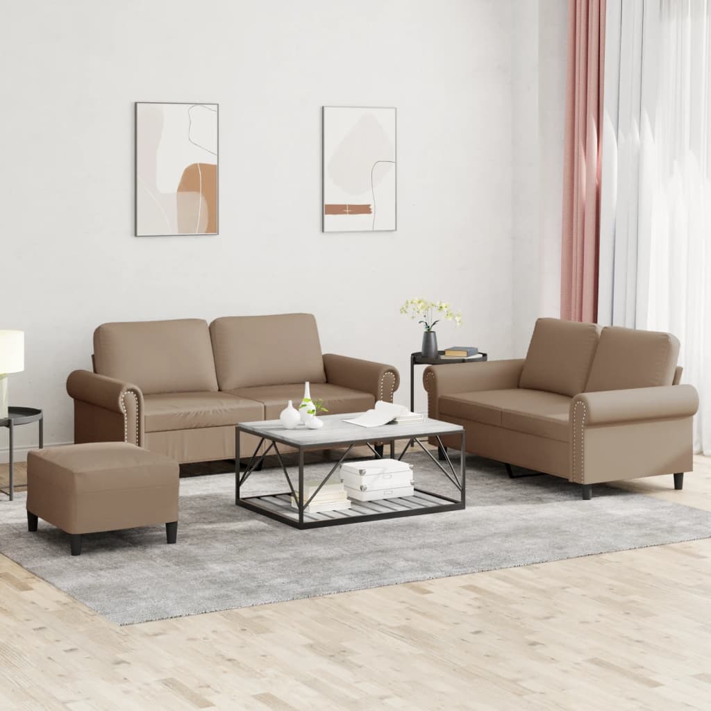 3-tlg. Sofagarnitur mit Kissen Cappuccino-Braun Kunstleder