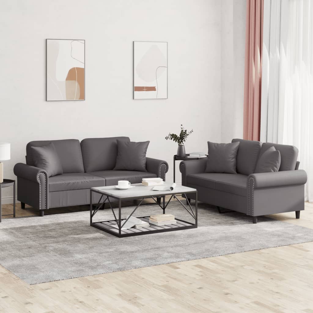 2-tlg. Sofagarnitur mit Kissen Grau Kunstleder
